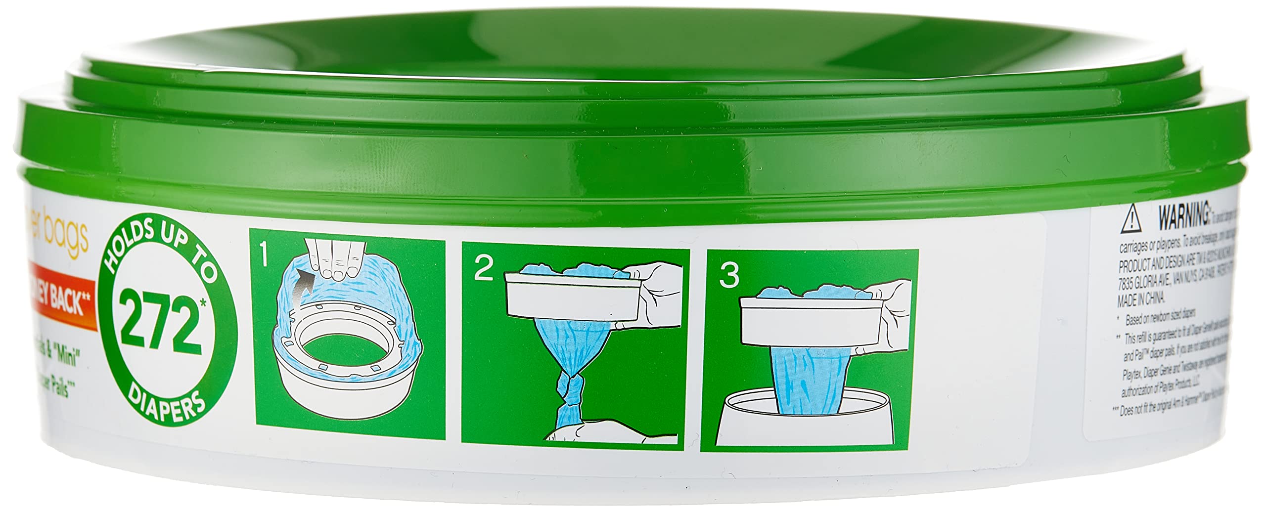Munchkin Nursery Fresh Diaper Pail Refill shows top rack dishwasher safe components