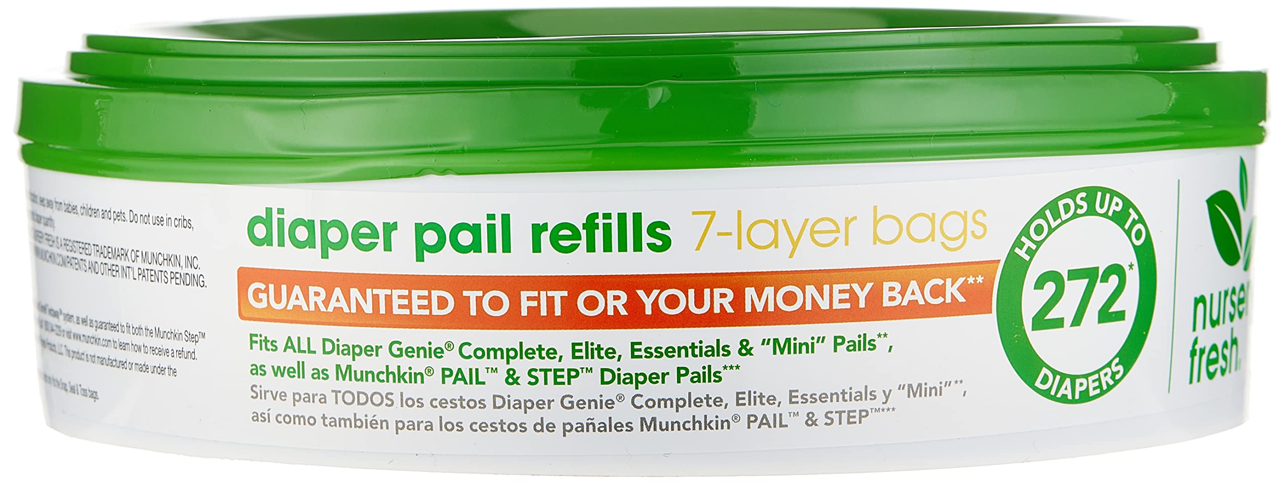 Munchkin Nursery Fresh Diaper Pail Refill packaging emphasizes odor control for a cleaner nursery