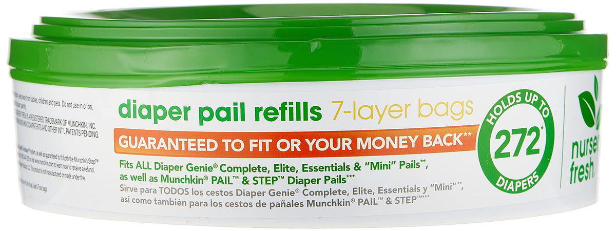 Munchkin Nursery Fresh Diaper Pail Refill packaging emphasizes odor control for a cleaner nursery