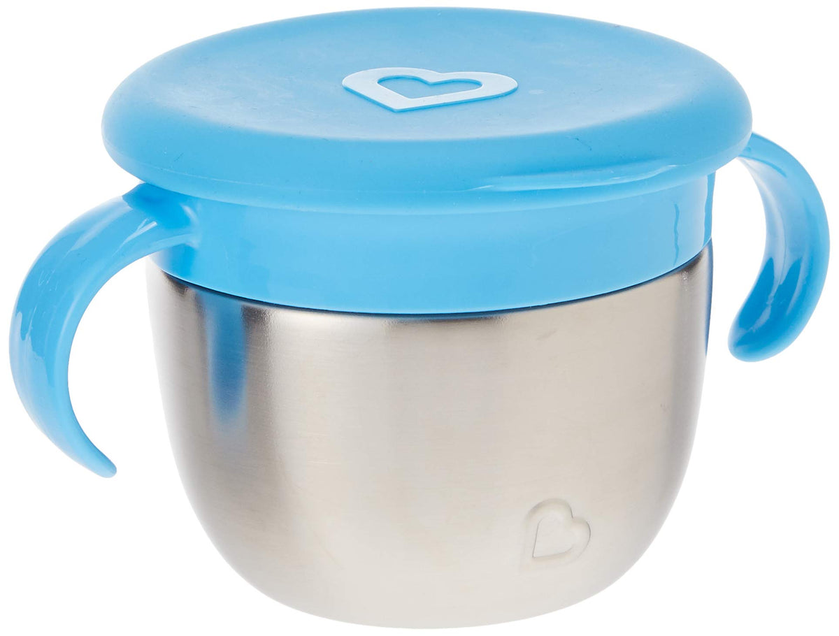 Munchkin Snack+ stainless steel catcher with airtight lid for fresher snacks on the go.
