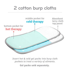 Munchkin TheraBurpee blue burp cloth with contoured edge for neck comfort.