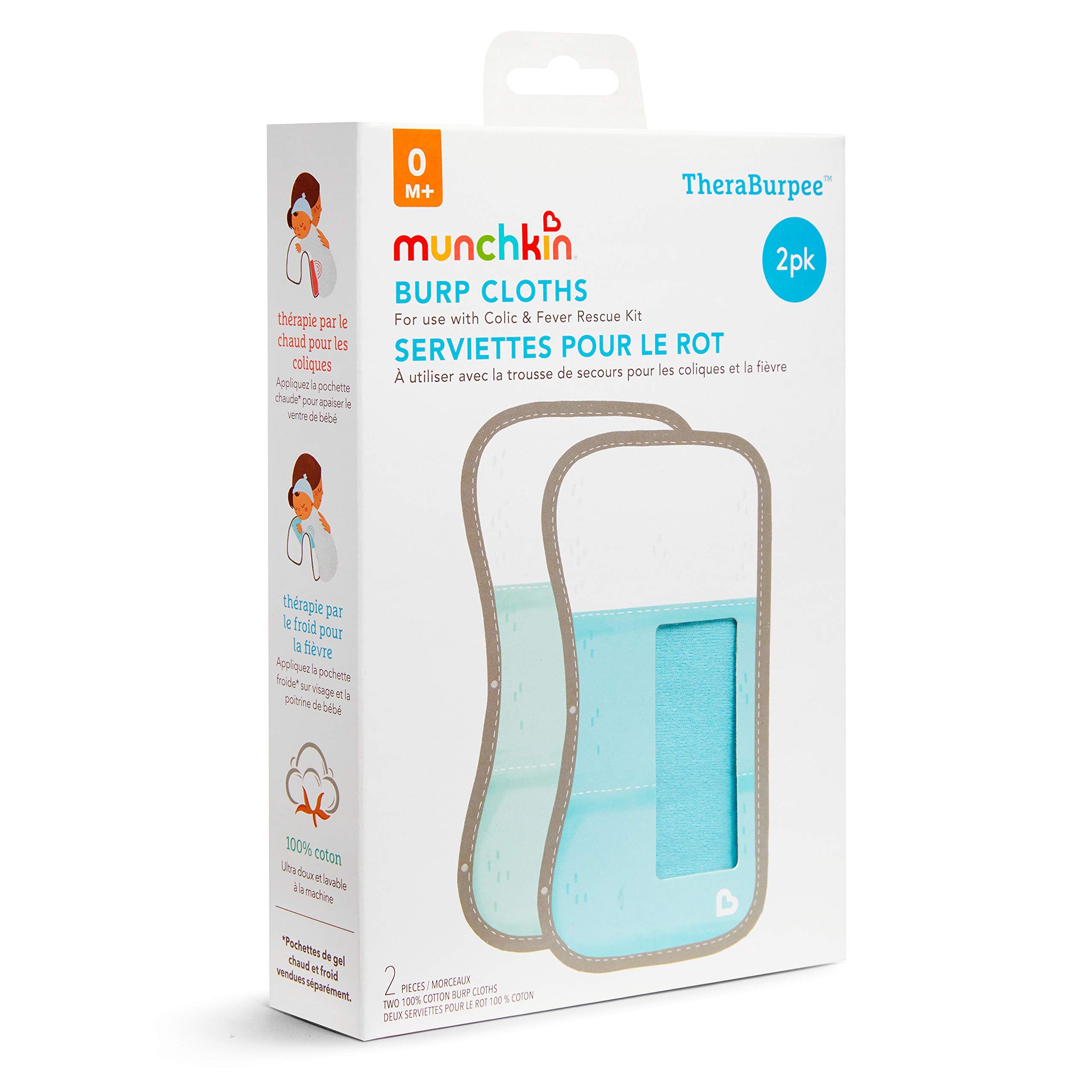 Munchkin TheraBurpee set of two burp cloths in blue and mint colors.