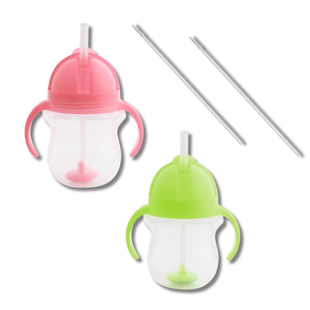 Munchkin Weighted Straw Cup pink with easy-grip handles supports tiny hands during sips.