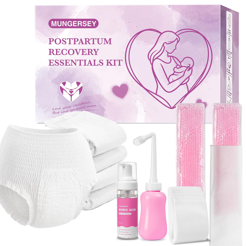Mungersey postpartum essentials kit overview showing complete care for early recovery
