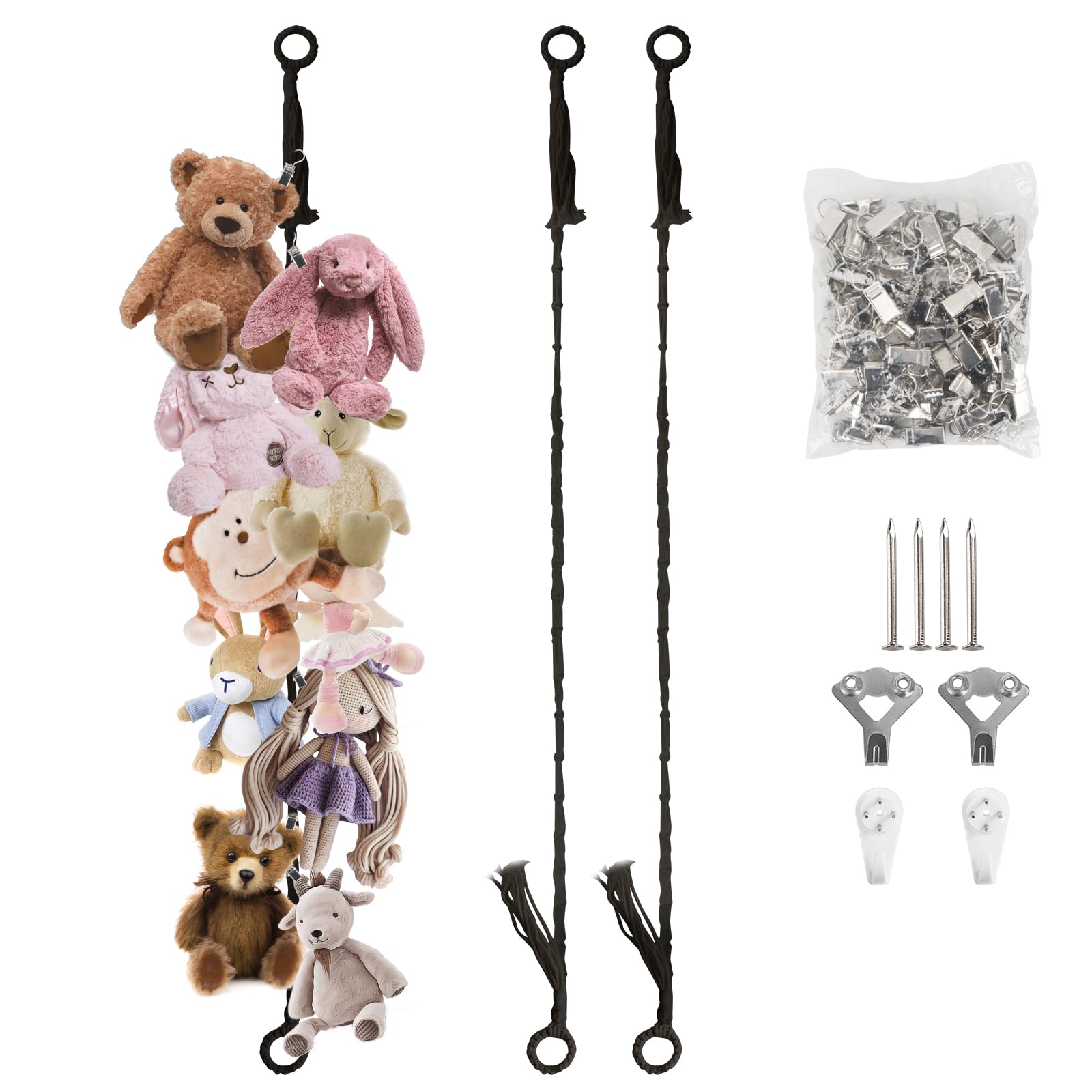 Munzong 80-inch macramé chain holding plush toys, keeping play space organized.