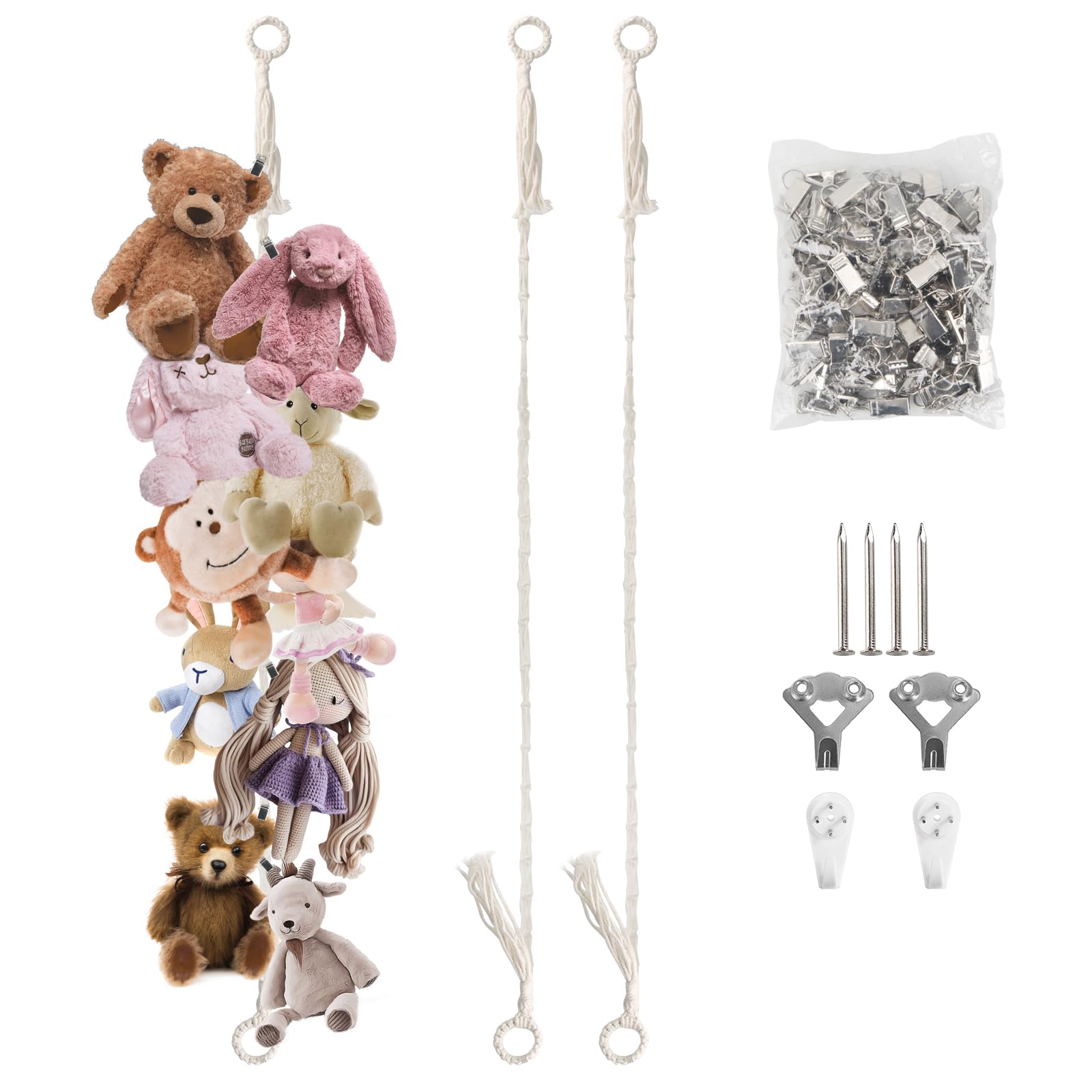 Munzong beige hanging stuffed animal storage 80-inch chain keeps plush toys neatly displayed.