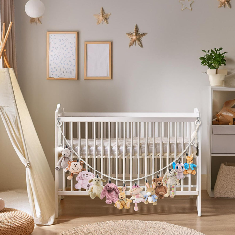 Munzong beige-white stuffed animal display net for tidy storage and display.