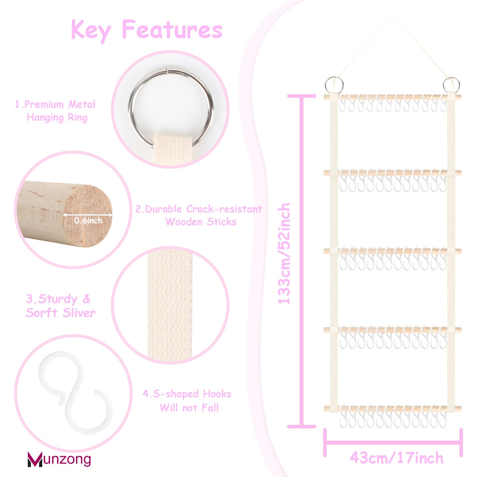 Munzong wooden bow organizer closeup highlights sturdy sticks and 60 hooks.