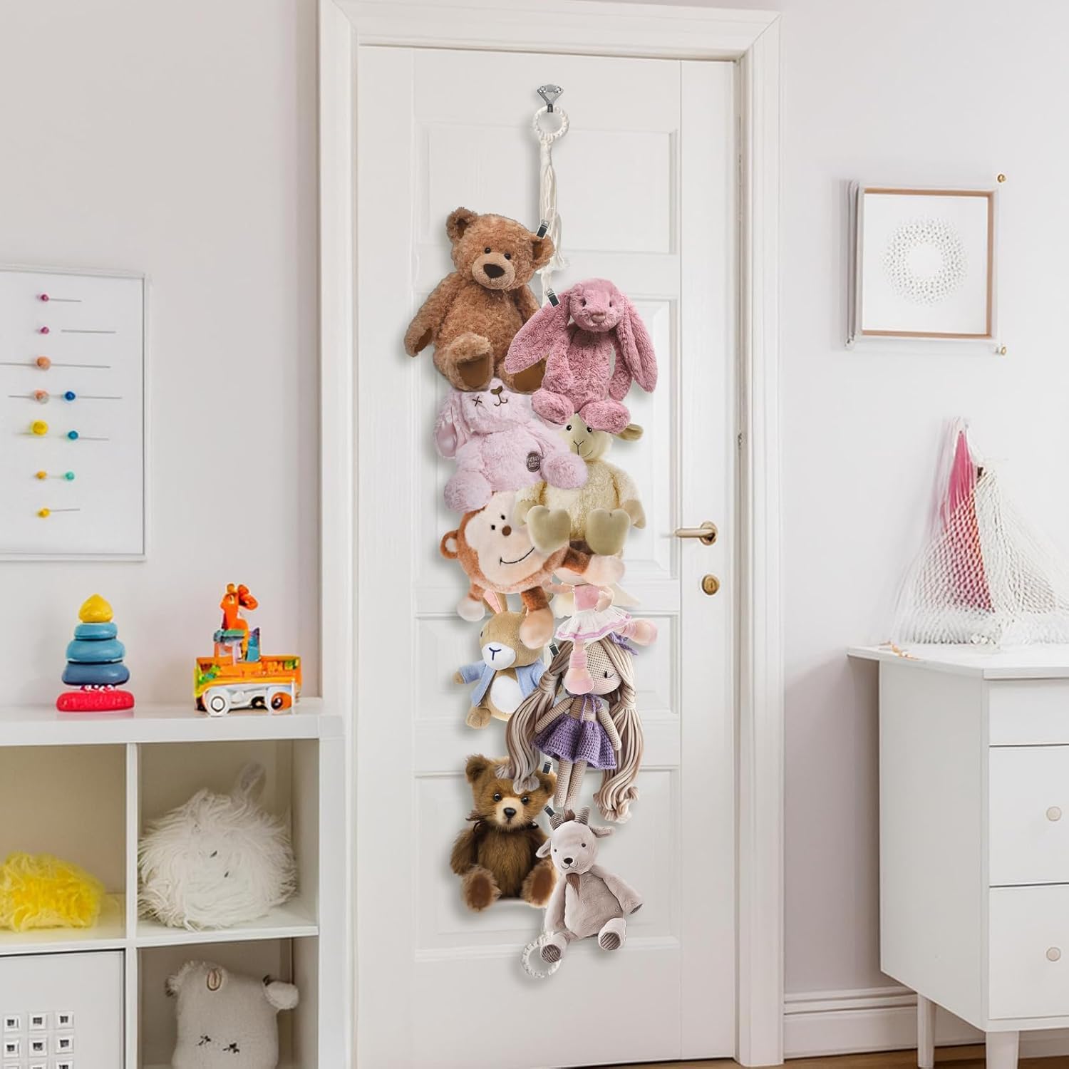 Munzong cotton macrame rope display with 40 clips for quick toy access.