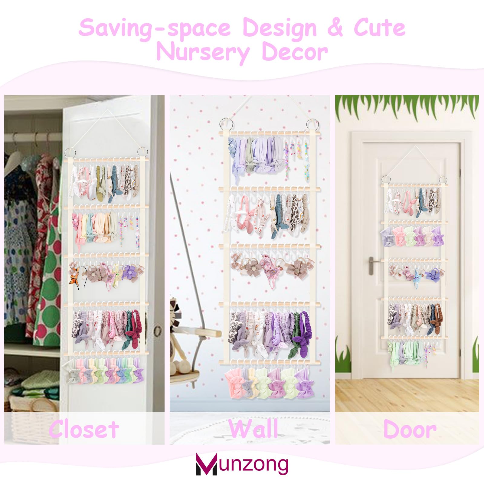 Munzong nursery decor bows on wall showcase organized space.
