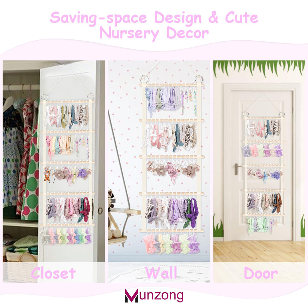 Munzong nursery decor bows on wall showcase organized space.