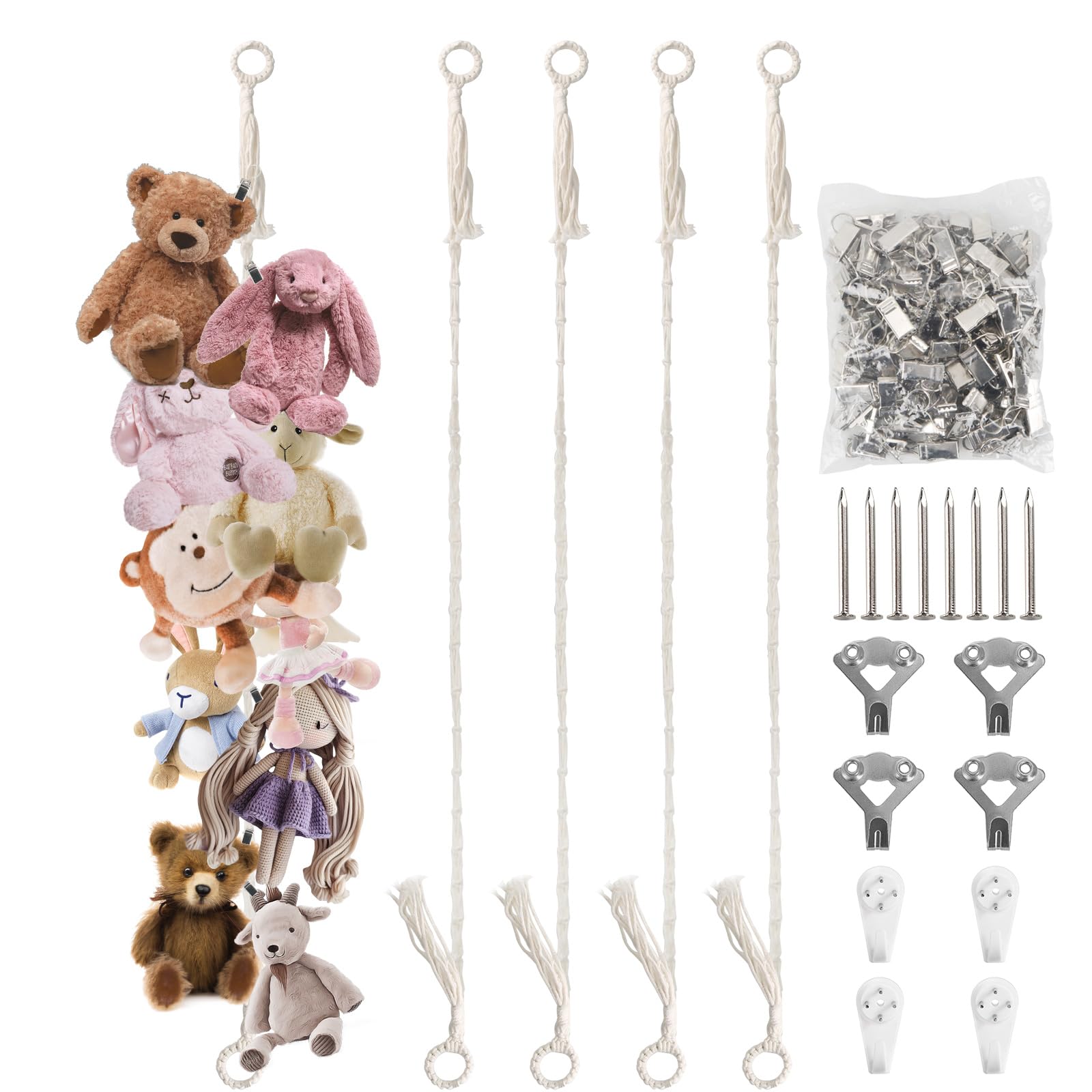 Munzong 80-inch beige stuffed animal storage chain on wall for organized toy display.