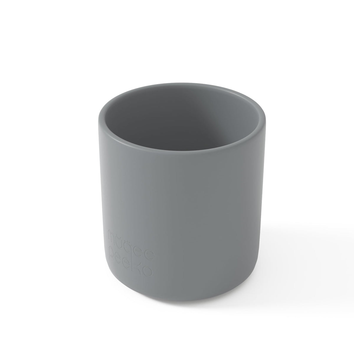 Muqee Peeko baby cup in pebble gray with easy-grip design for independent feeding