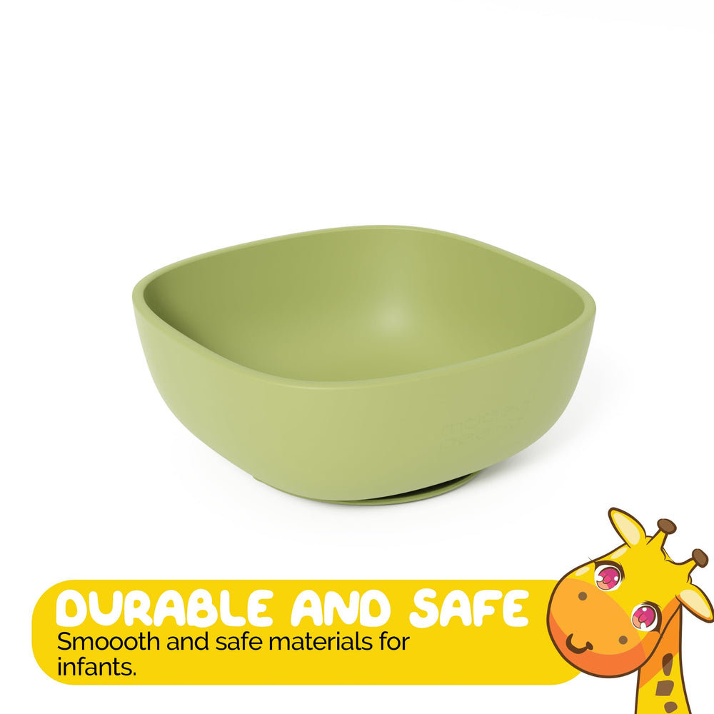 Muqee Peeko baby bowl in pea pod green is dishwasher-safe