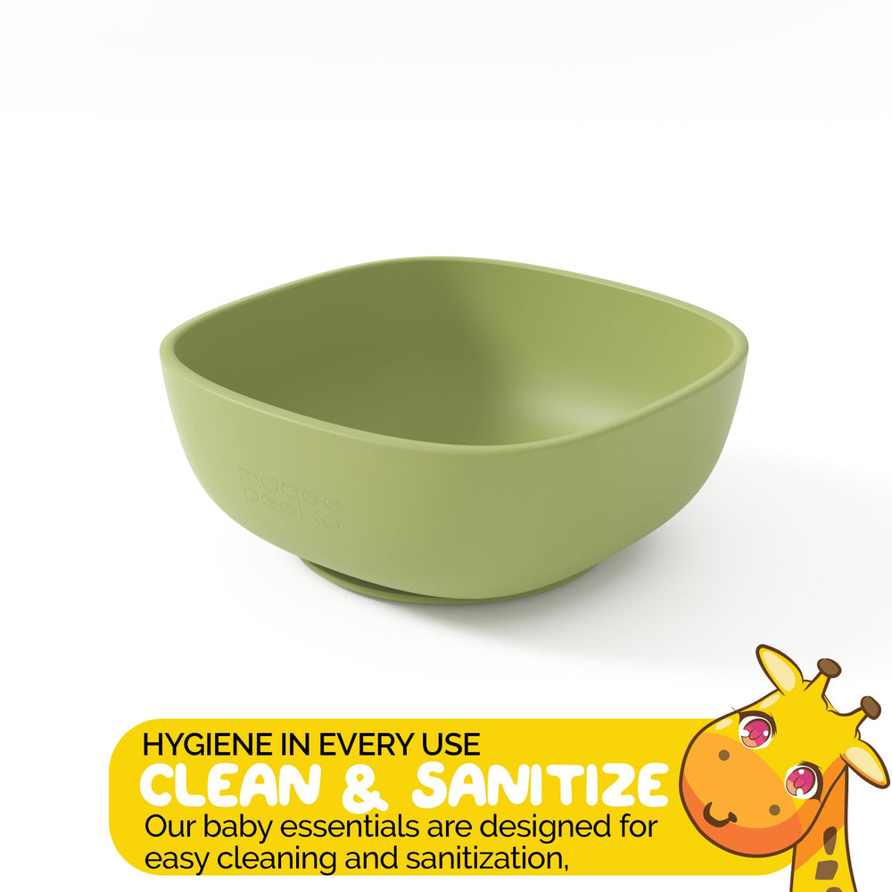 Muqee Peeko baby bowl in pea pod green is microwave-safe