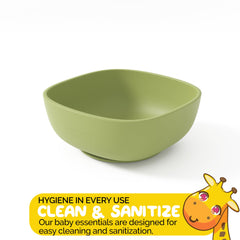 Muqee Peeko baby bowl in pea pod green is microwave-safe