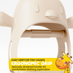 Muqee Peeko beige silicone teether emphasizes soft textures for teething relief.