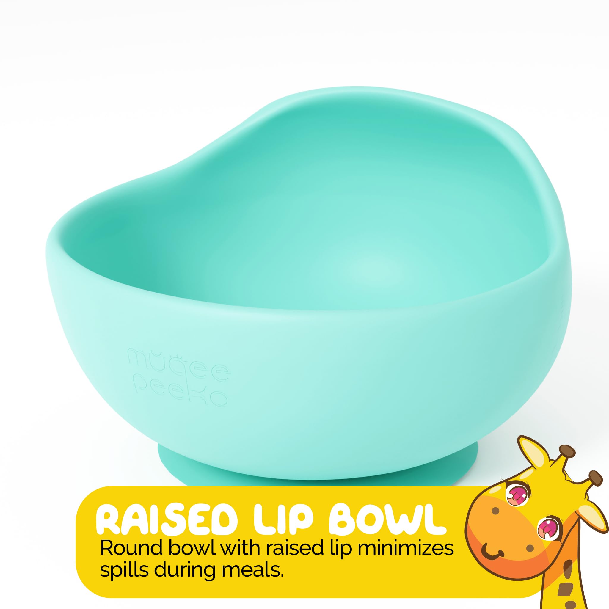 Muqee Peeko mint-green baby bowl close-up for safe self-feeding