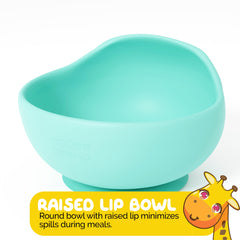 Muqee Peeko mint-green baby bowl close-up for safe self-feeding