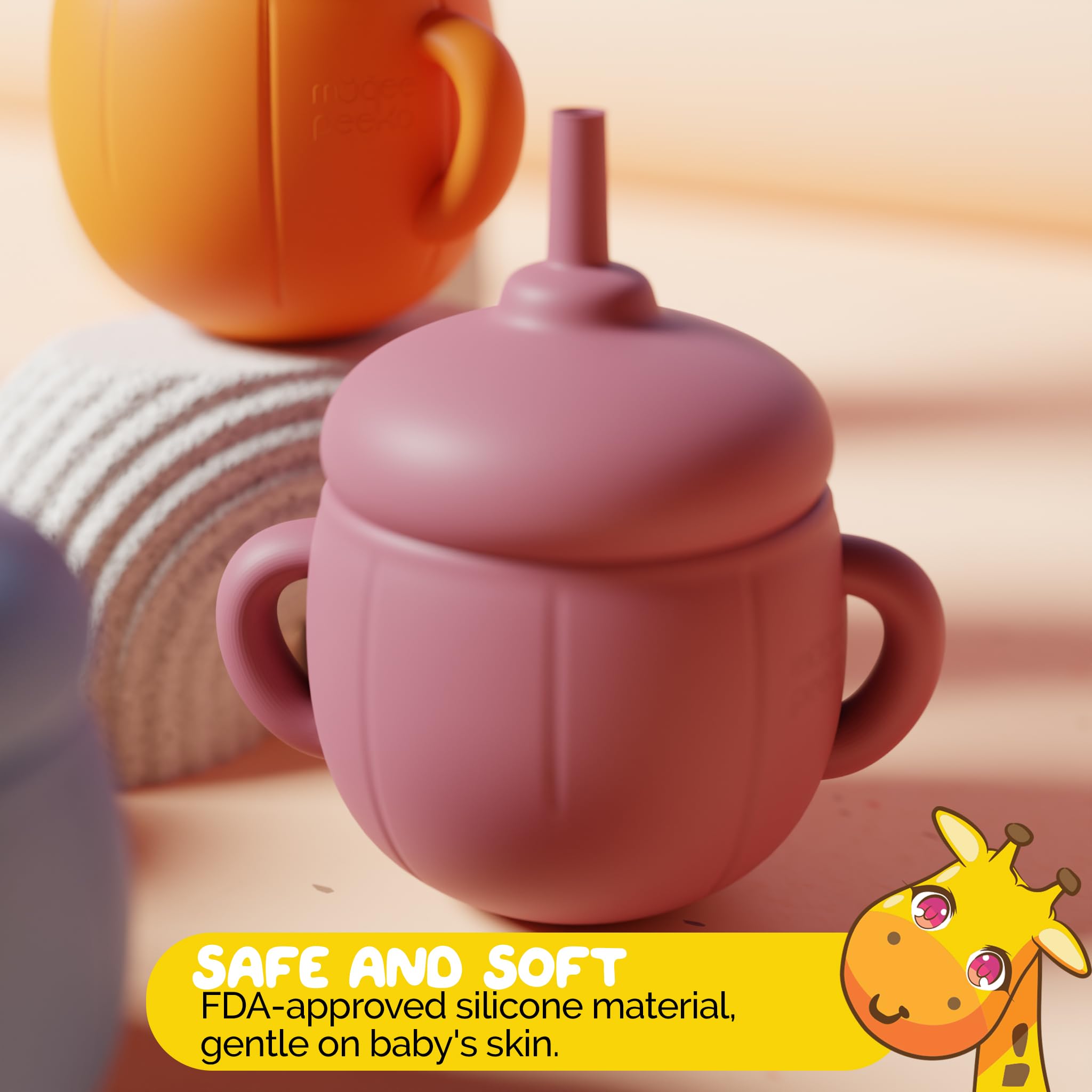 Muqee Peeko pink sippy cup built-in straw supports convenient sipping.