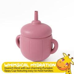 Muqee Peeko pink sippy cup with easy-grip handles secures tiny hands.