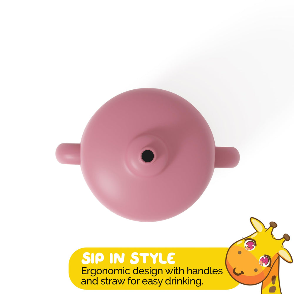 Muqee Peeko pink sippy cup features a leak-proof lid to prevent spills.