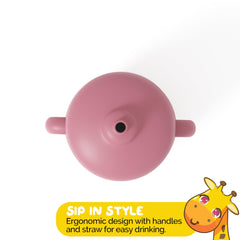 Muqee Peeko pink sippy cup features a leak-proof lid to prevent spills.