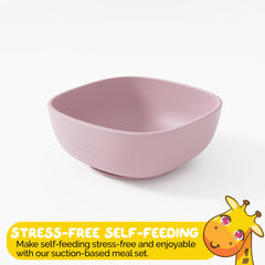 Muqee Peeko rose-petal pink baby bowl ready for purees and snacks during weaning.