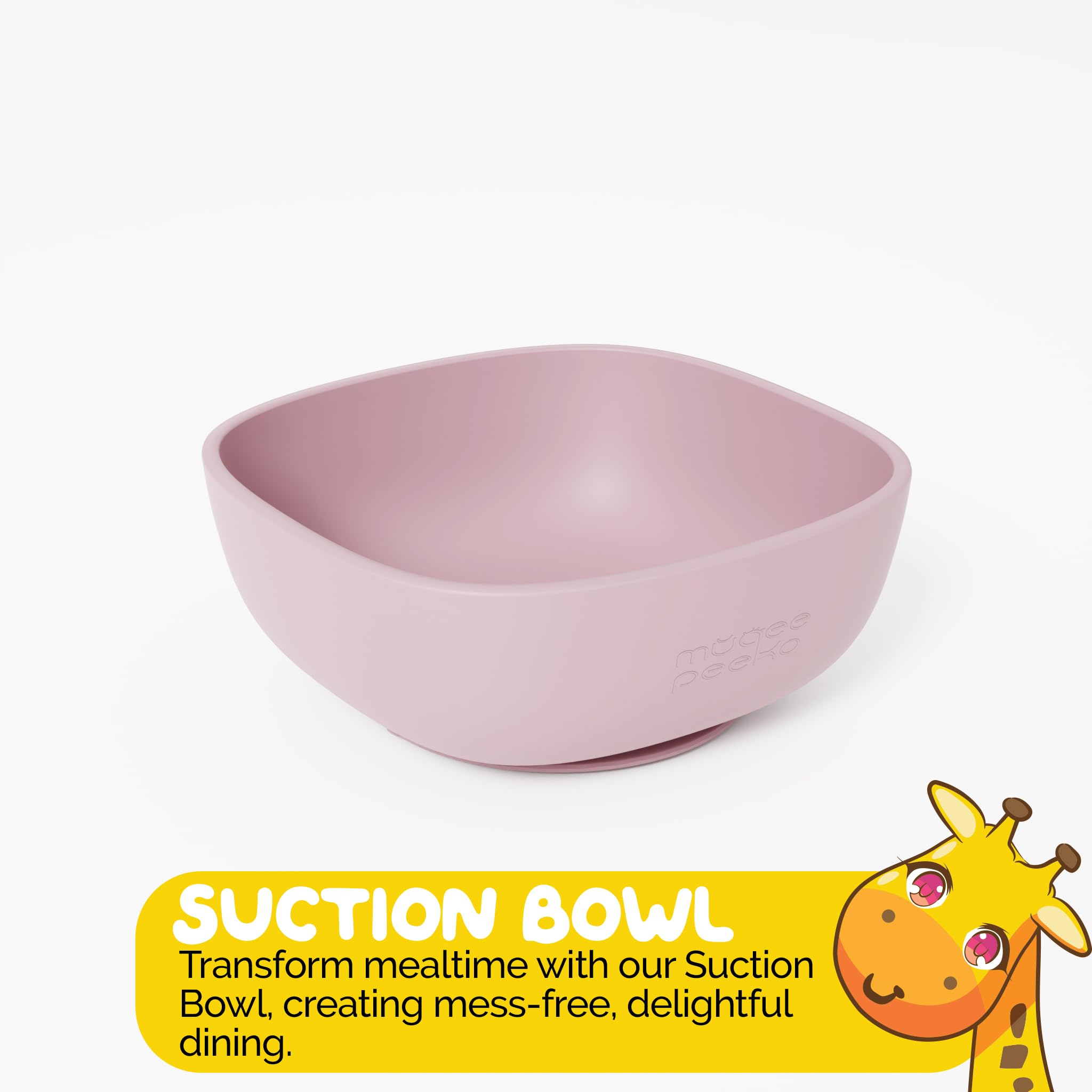 Muqee Peeko square silicone baby bowl demonstrates durable, easy-clean material for daily meals.