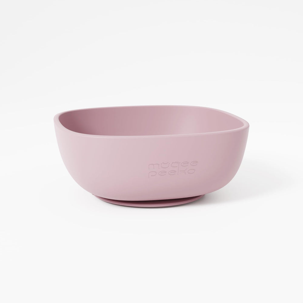 Muqee Peeko suction bowl in rose-petal pink with non-slip base to prevent spills.