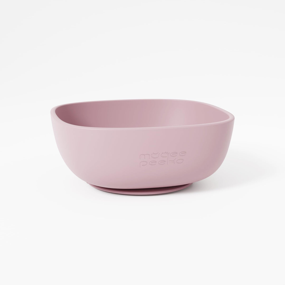 Muqee Peeko suction bowl in rose-petal pink with non-slip base to prevent spills.