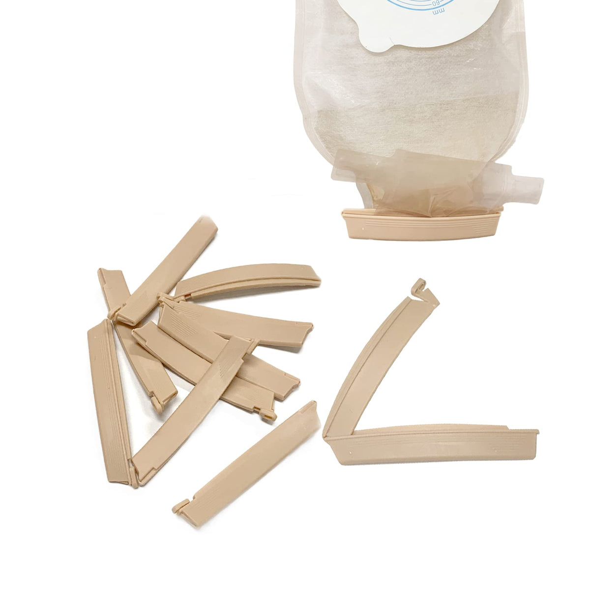 MUROCEA curved-tail ostomy clip secures the drainage pouch.