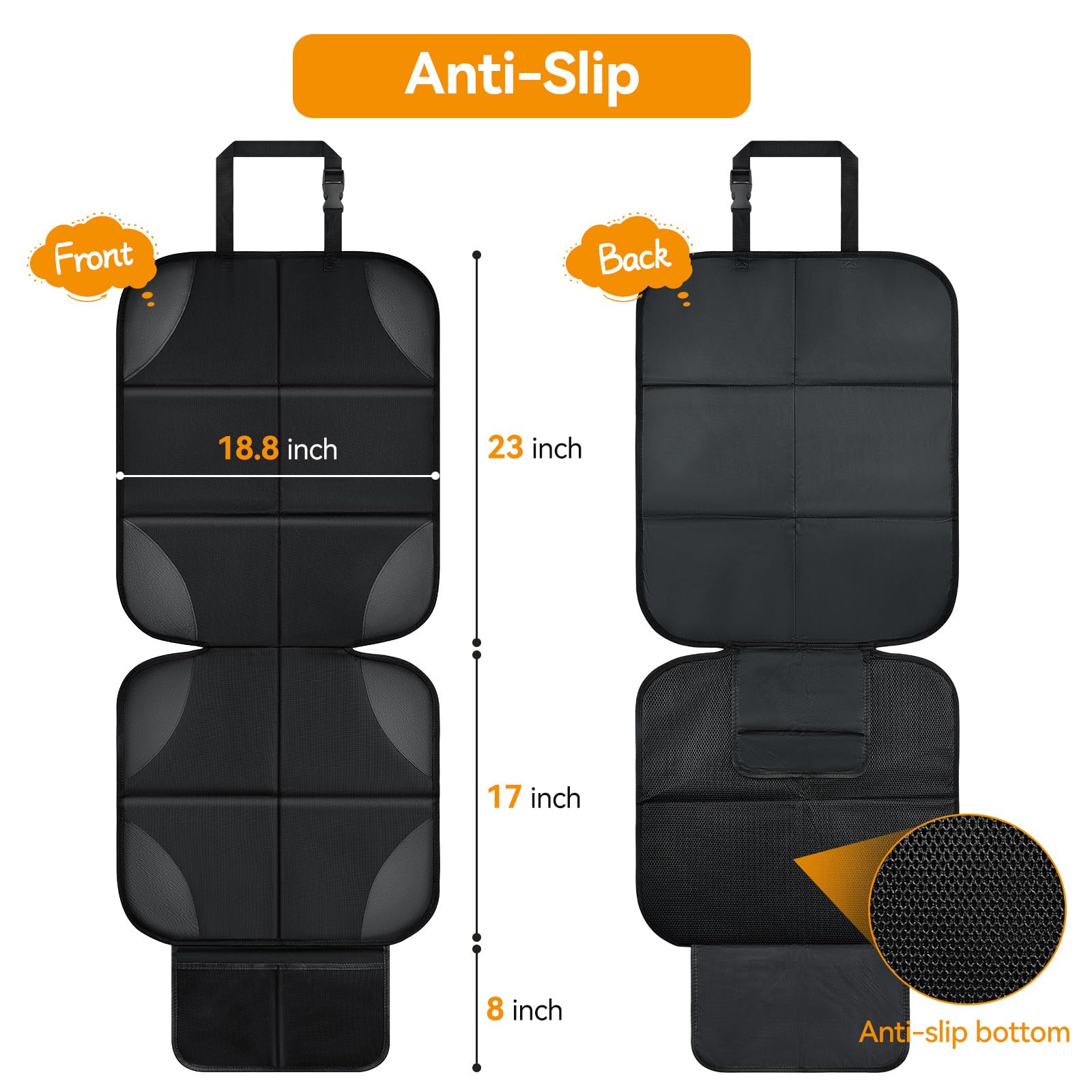 Musclez car seat protector black-mesh back prevents marks and heat transfer.