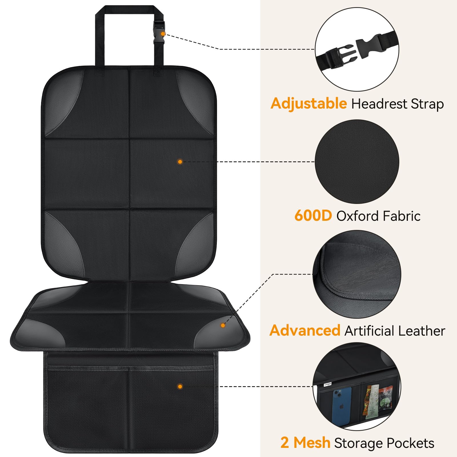 Musclez car seat protector durable-oxford fabric resists wear on journeys.