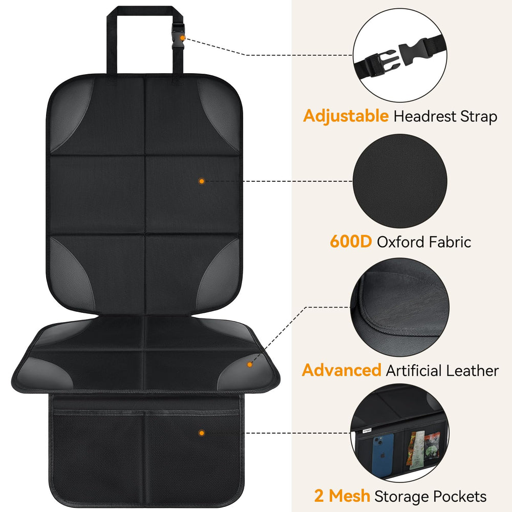 Musclez car seat protector durable-oxford fabric resists wear on journeys.