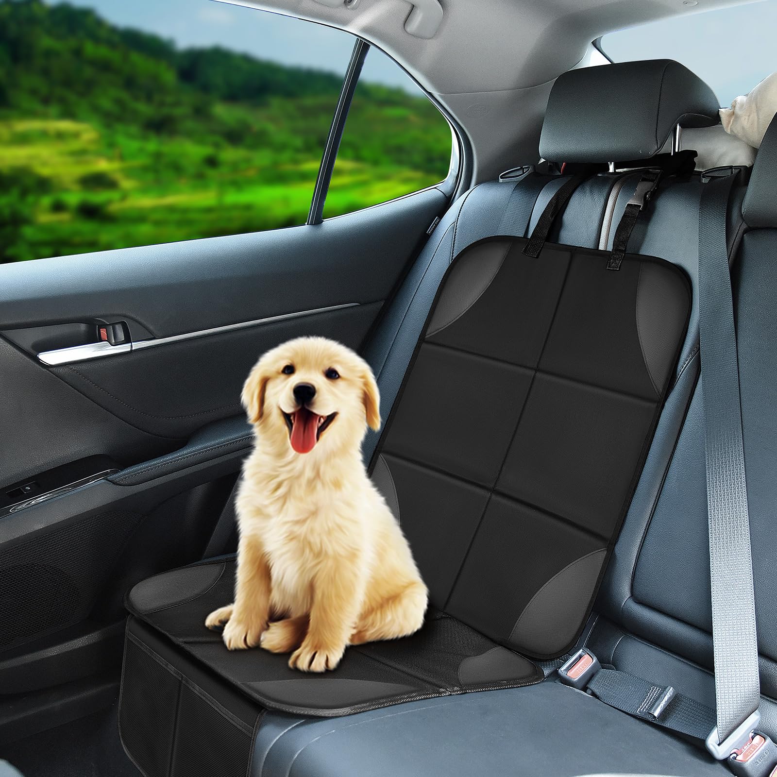 Musclez car seat protector fits most vehicles covering seat areas easily.
