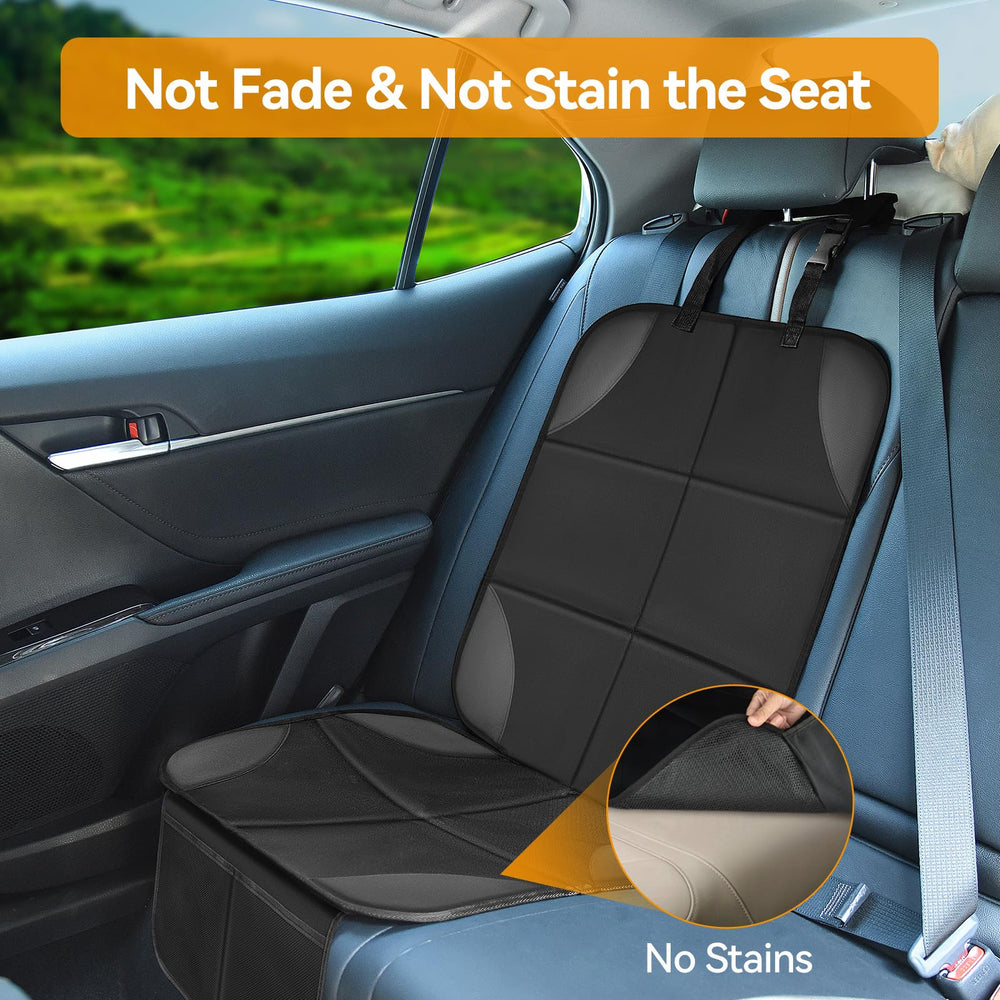 Musclez car seat protector storage pockets keep wipes and toys organized.