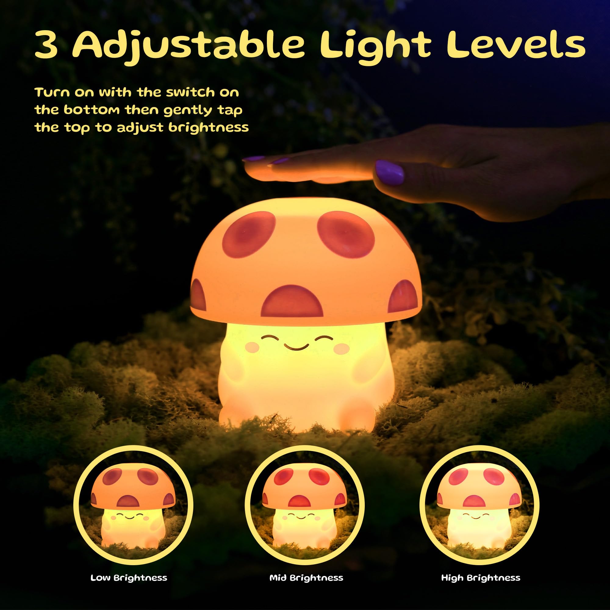 Mushi ambient mushroom night light on with tap brightness levels for coziness.