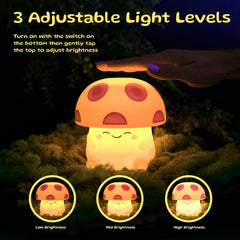 Mushi ambient mushroom night light on with tap brightness levels for coziness.