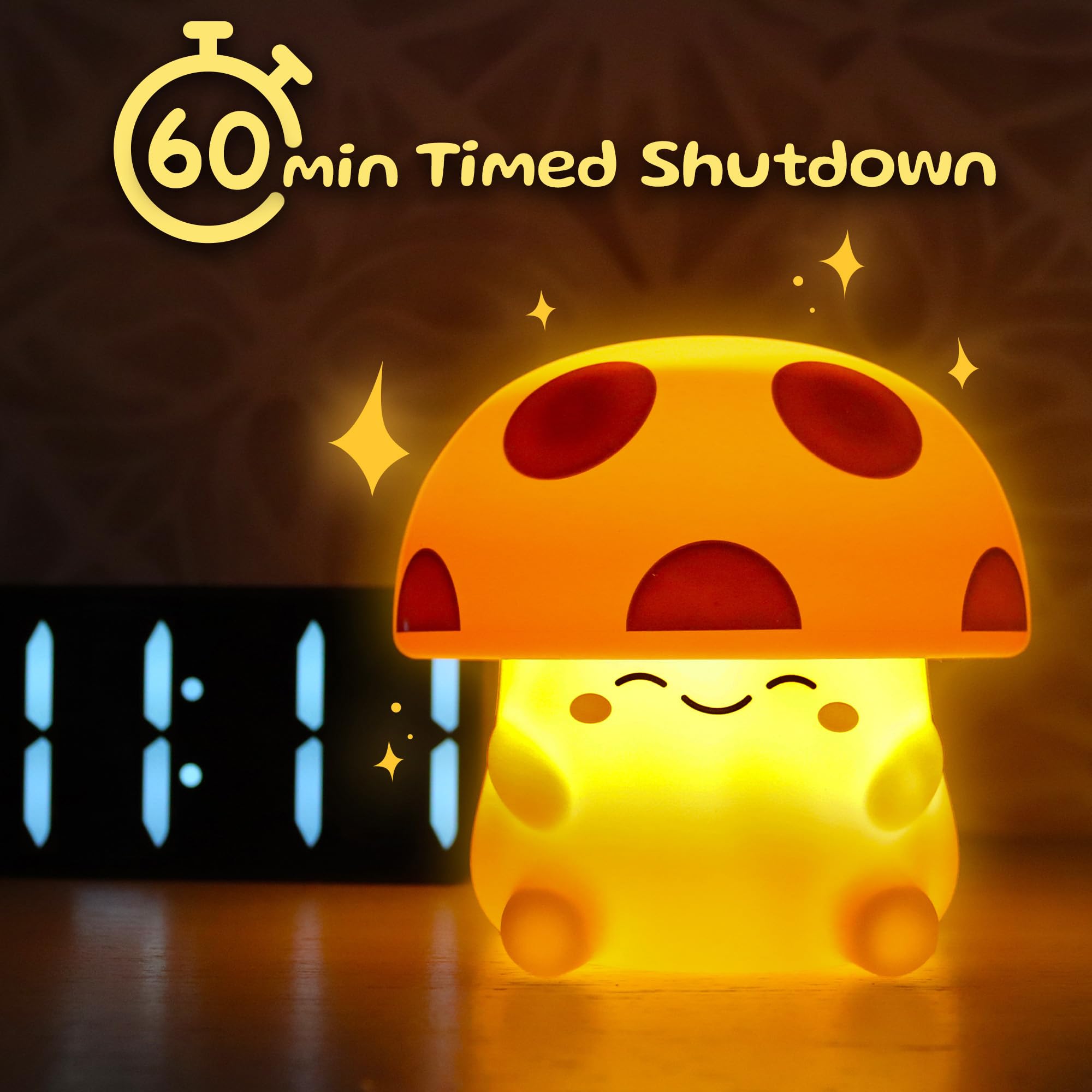 Mushi touch-dimmable night light with three levels for bedtime routines.