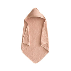 Mushie baby hooded towel in blush showing soft post-bath warmth and absorbent fabric.