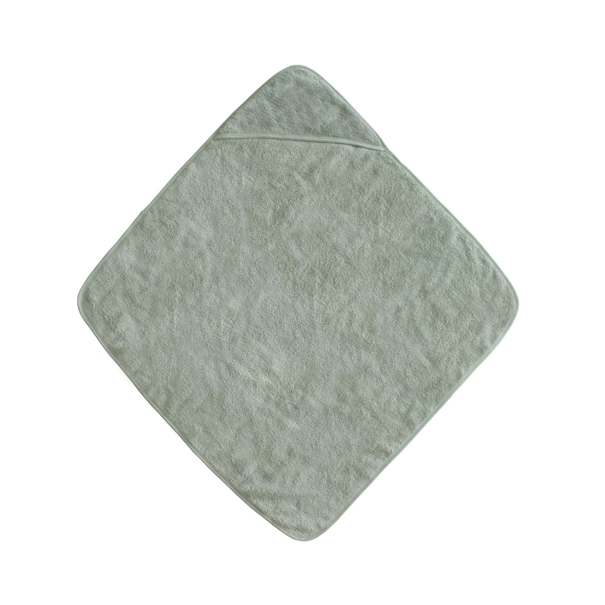 Mushie Baby Hooded Towel Moss on baby after bath for quick warm drying