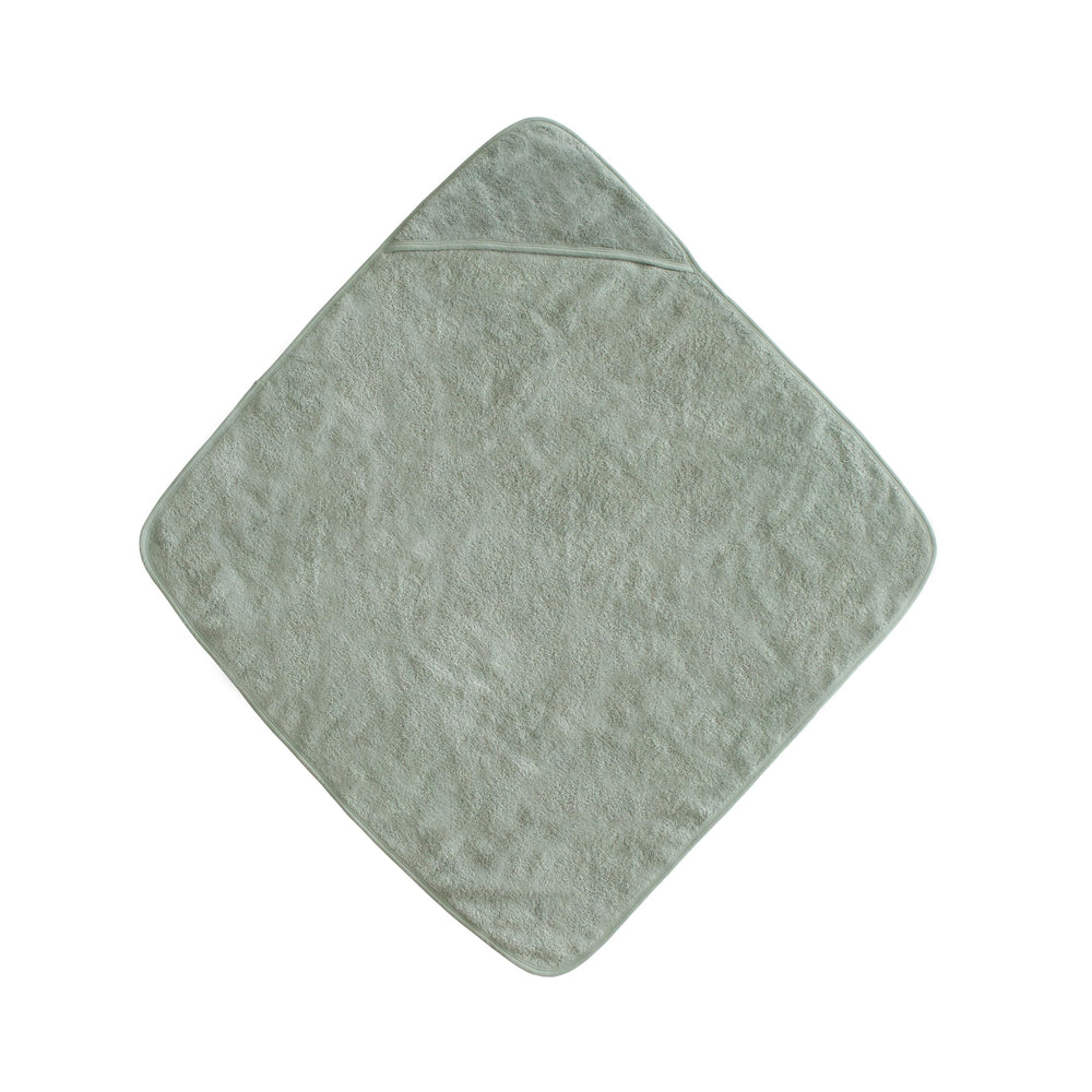 Mushie Baby Hooded Towel Moss on baby after bath for quick warm drying