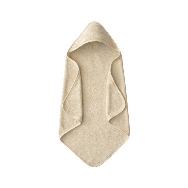 Mushie baby hooded towel in fog organic cotton offers gentle post-bath warmth.