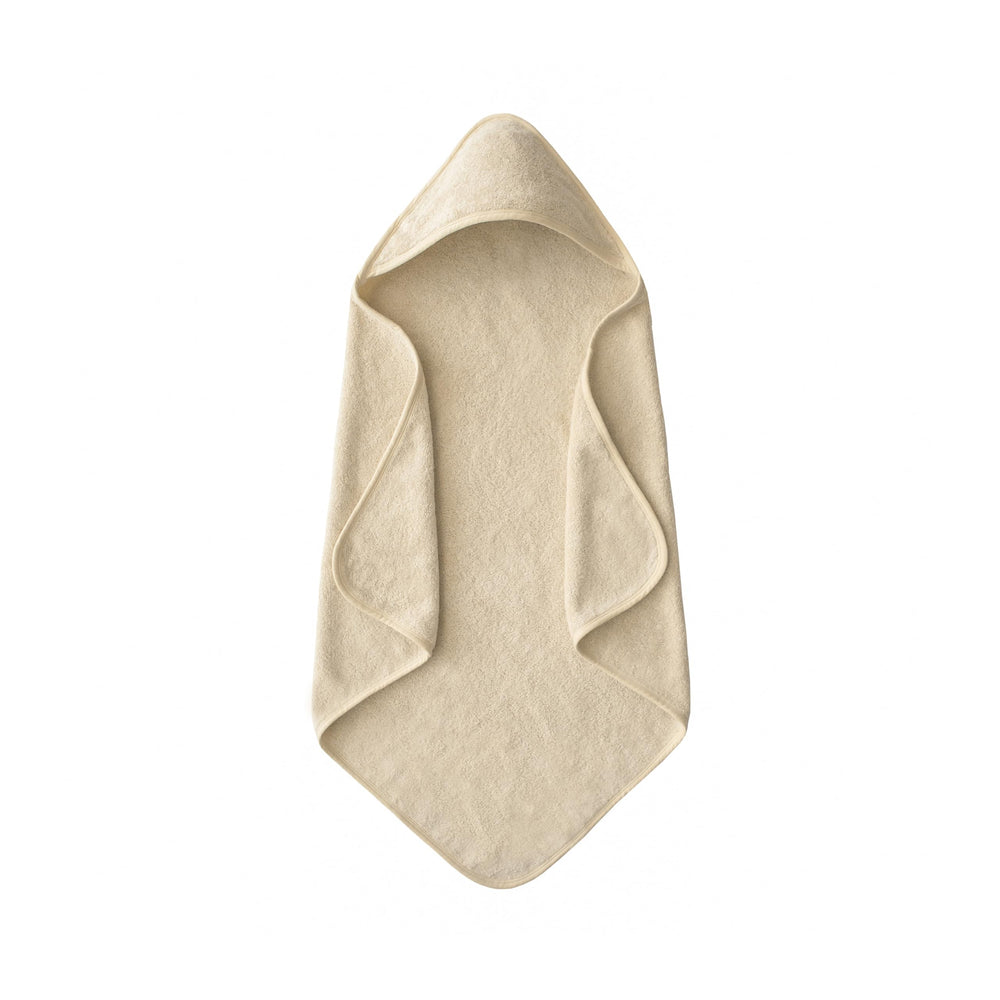 Mushie baby hooded towel in fog organic cotton offers gentle post-bath warmth.