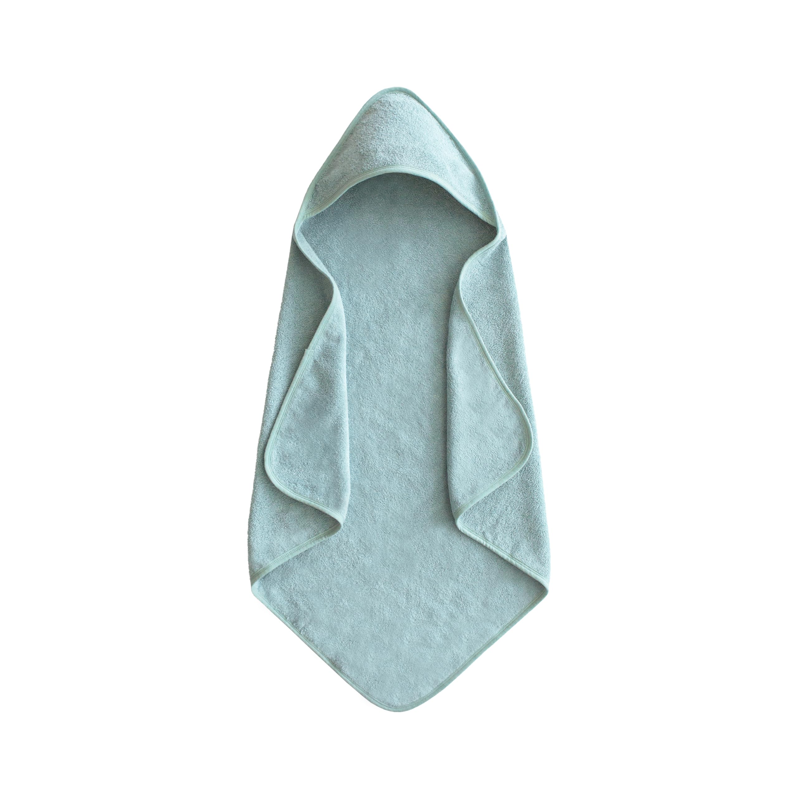 Mushie baby hooded towel Sea Mist closeup, plush organic cotton for gentle post-bath warmth.