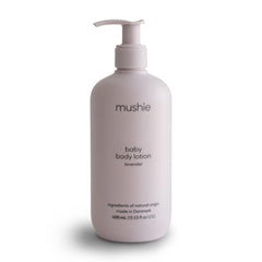 Mushie Baby Organic Body Lotion bottle closeup with lavender formula for delicate skin.