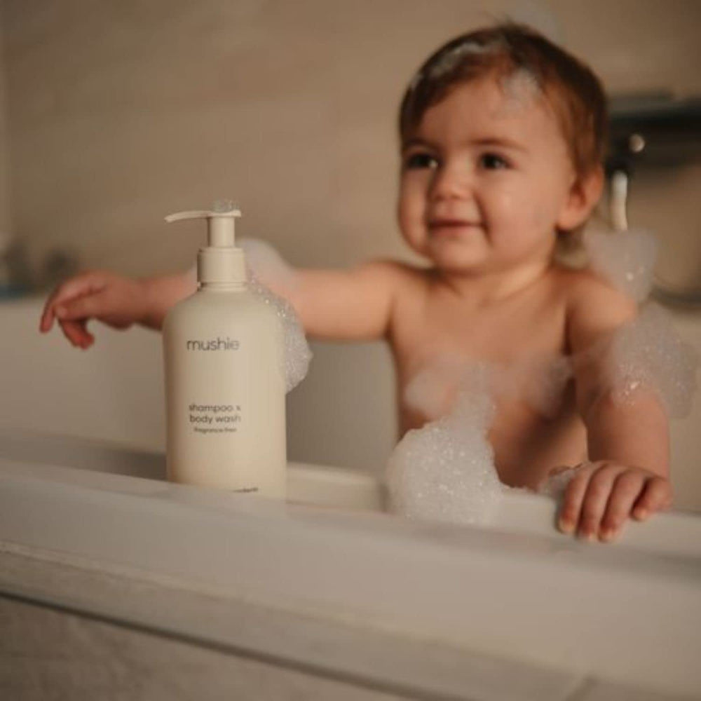 Mushie Shampoo & Body Wash shown in a bath setting for delicate skin care