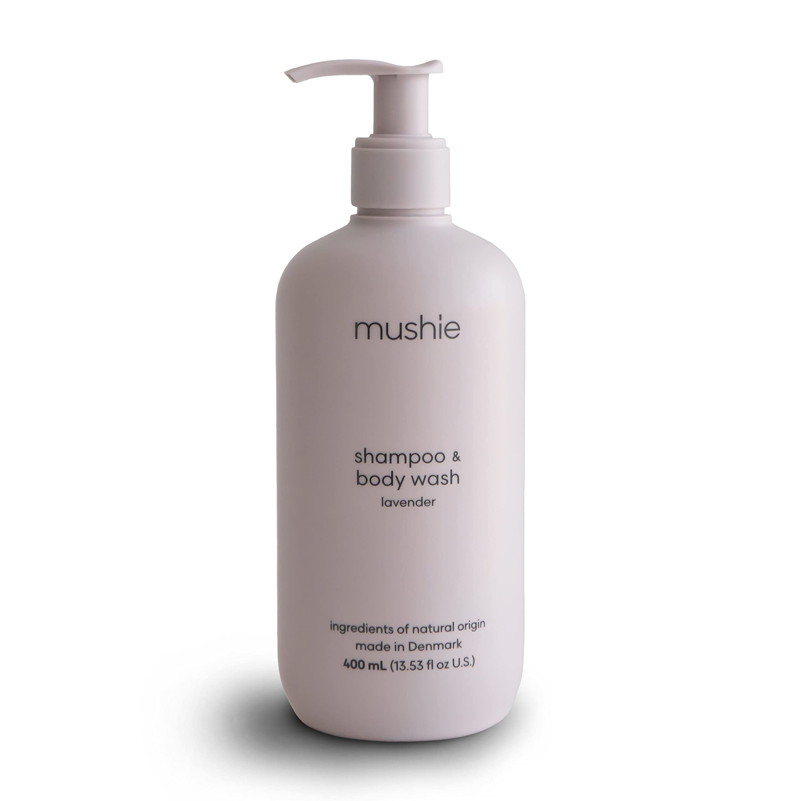 Mushie baby shampoo bottle with lavender label showing gentle cleansing for delicate skin.