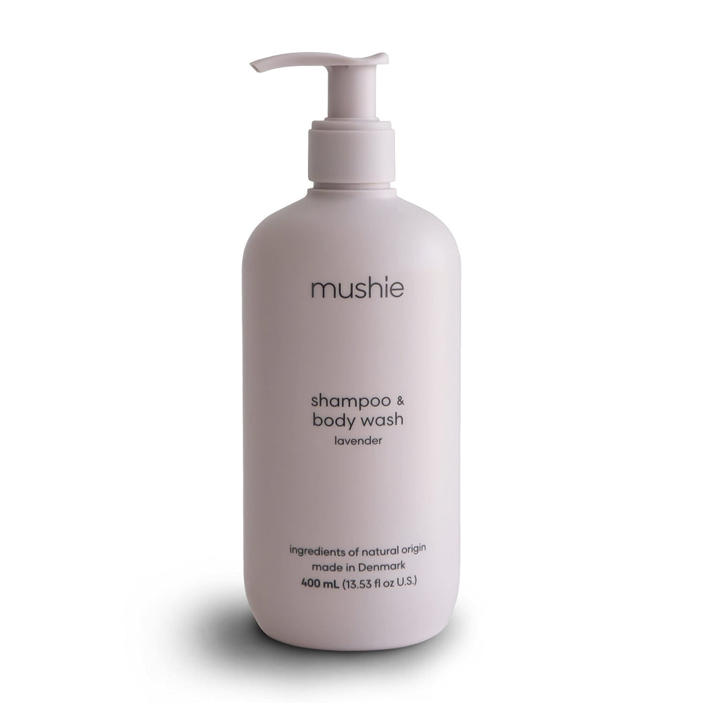 Mushie baby shampoo bottle with lavender label showing gentle cleansing for delicate skin.